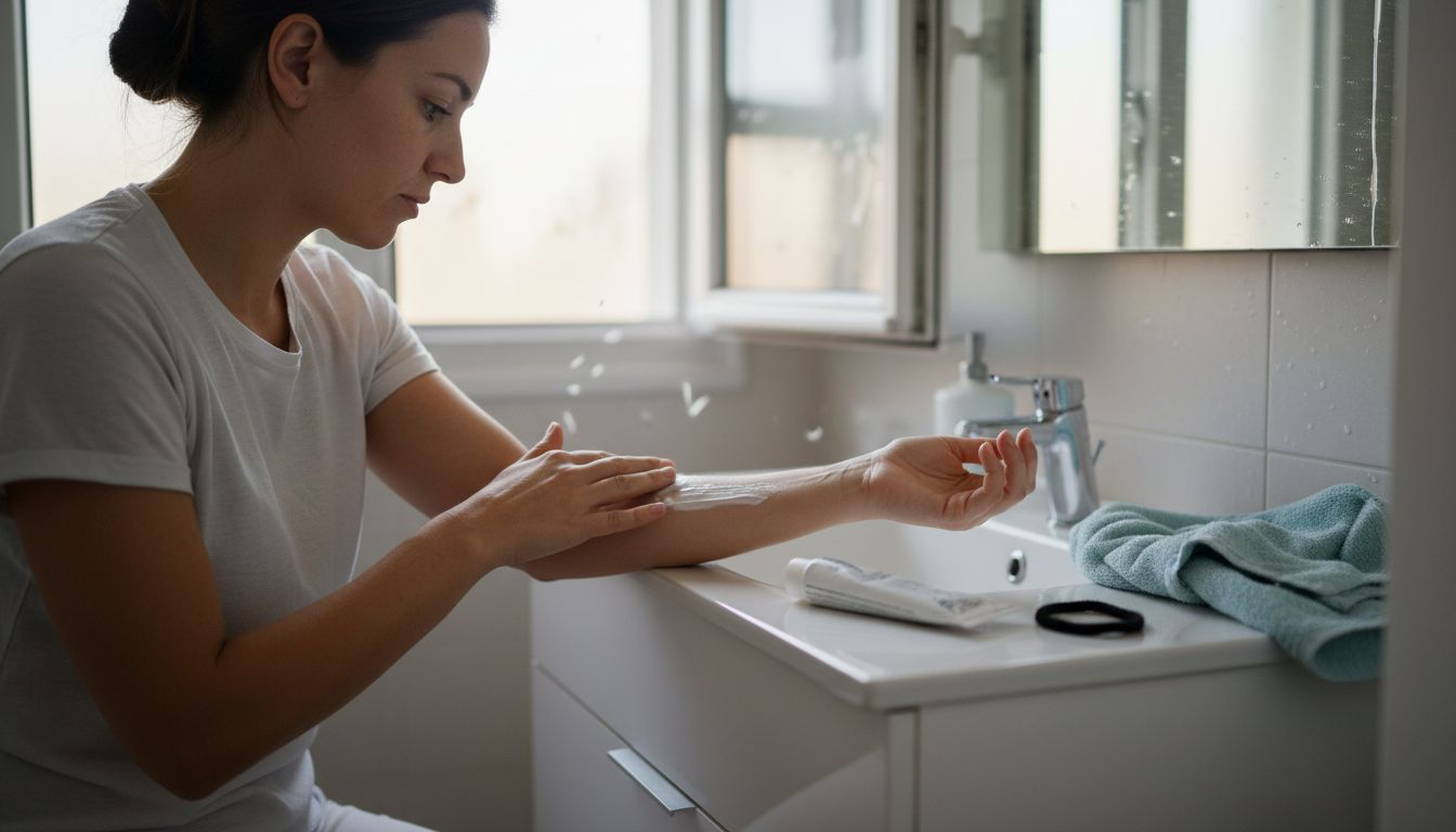 Een vrouw smeert een verdovende crème op haar arm.