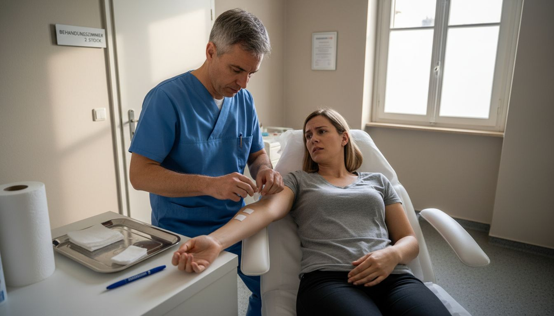 Eine Hautärztin führt einen Allergietest auf Tätowierfarbe durch.