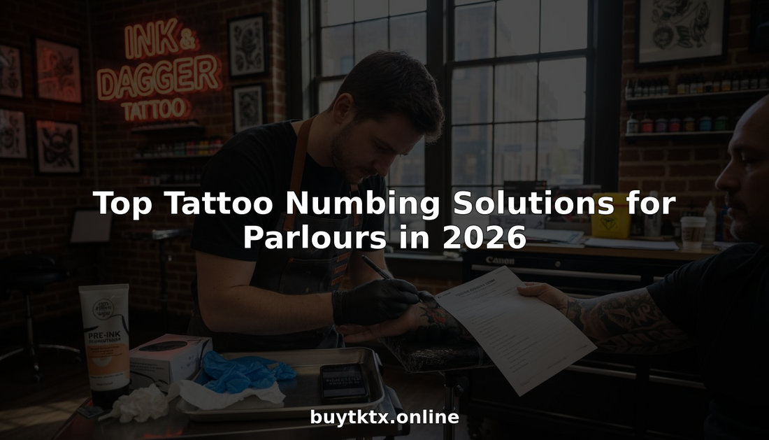 Tattoo artist applies numbing cream in busy studio