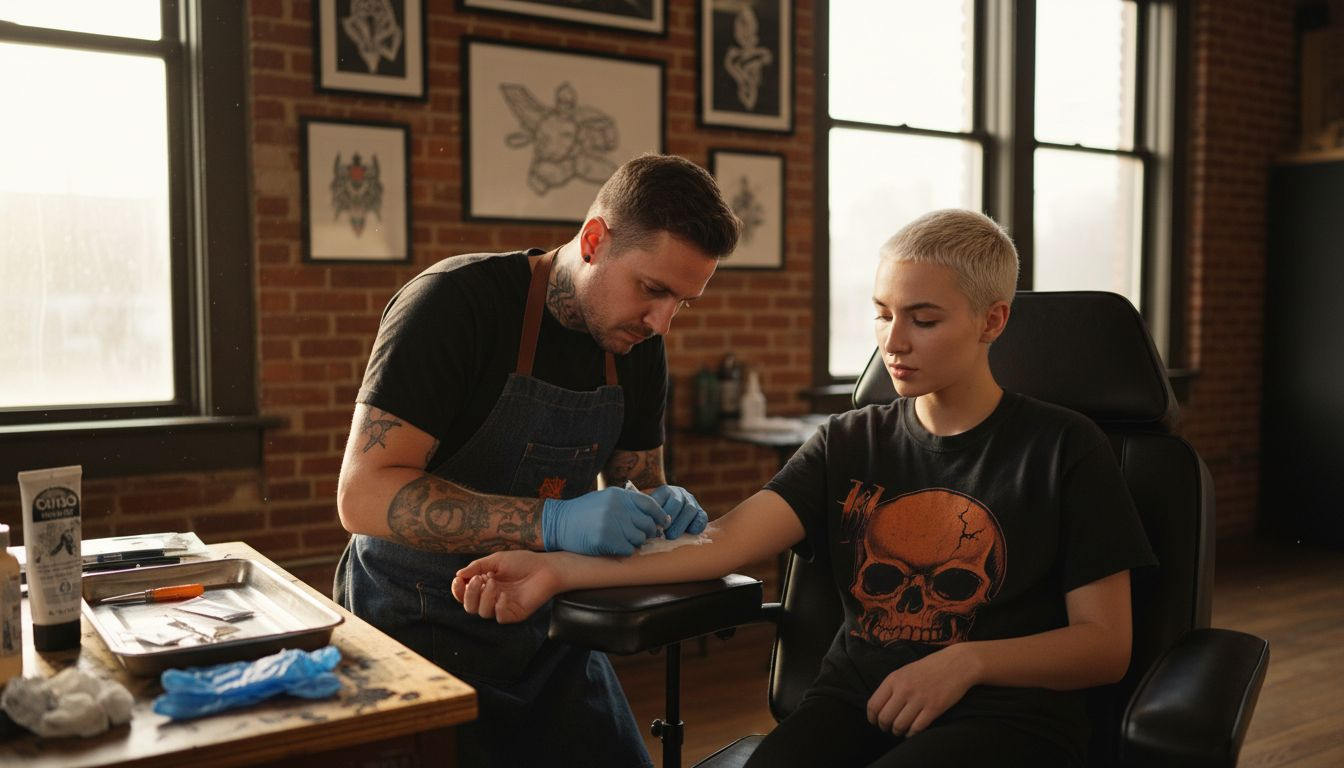 Tattoo artist applying numbing cream to client