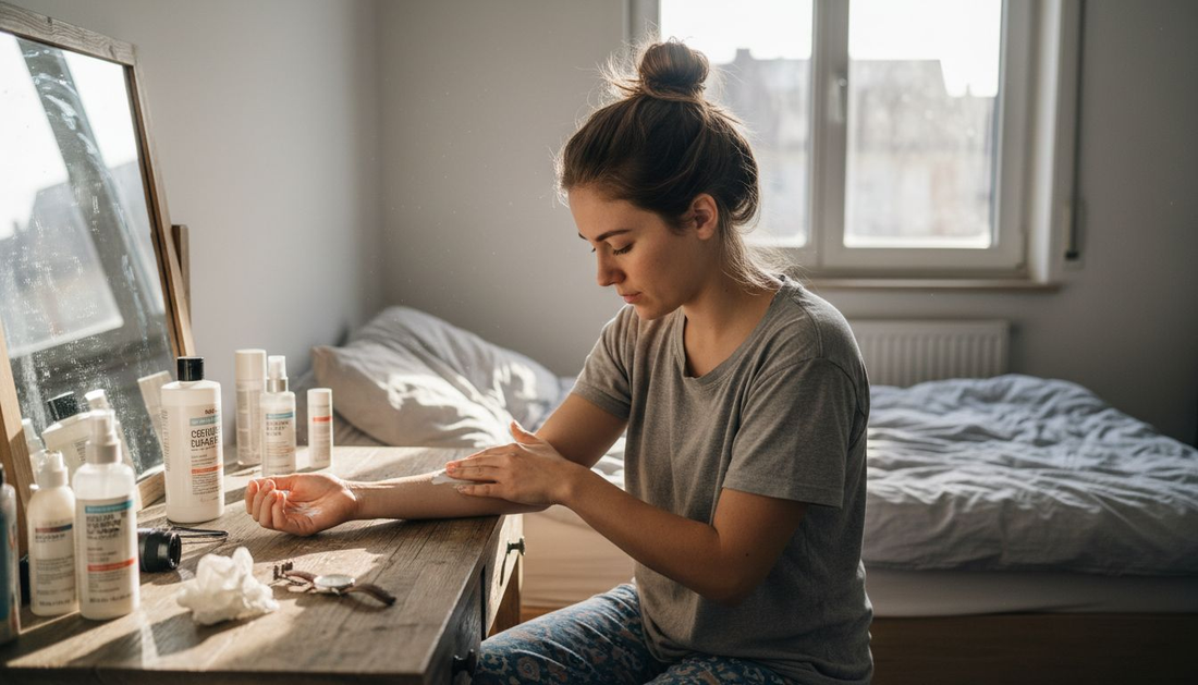 Eine Frau cremt ihre Haut vor dem Tätowieren sorgfältig mit Feuchtigkeitspflege ein.