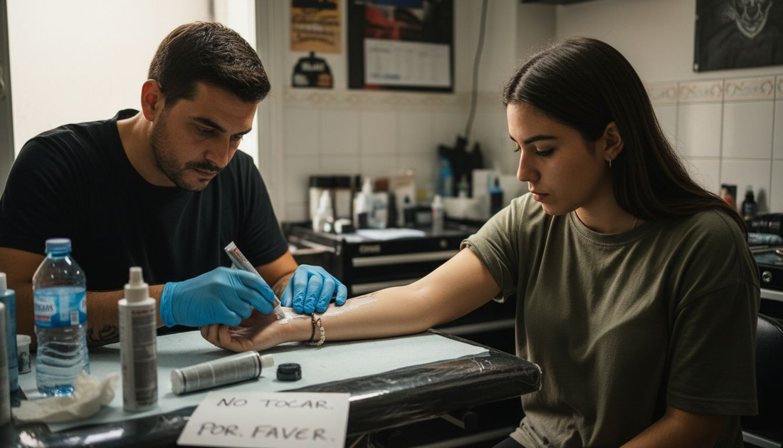 El tatuador le aplica crema anestésica al cliente antes de empezar el trabajo.