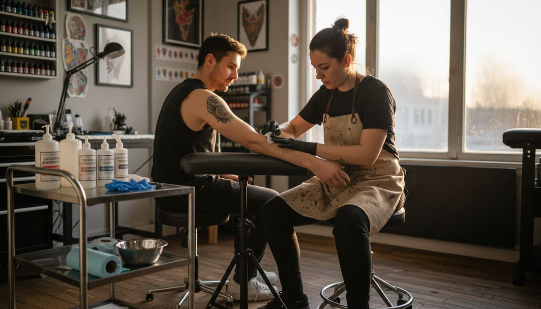 Le tatoueur s’applique à nettoyer et désinfecter la zone de peau avant de commencer le tatouage.