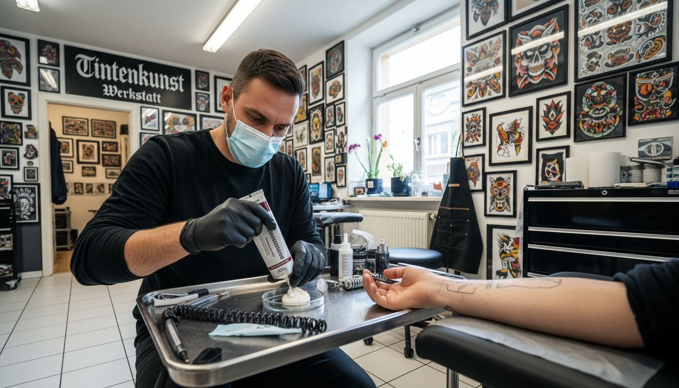 Der Tätowierer trägt vor Beginn der Sitzung eine betäubende Creme auf den Unterarm auf, um die Haut auf das Stechen vorzubereiten.