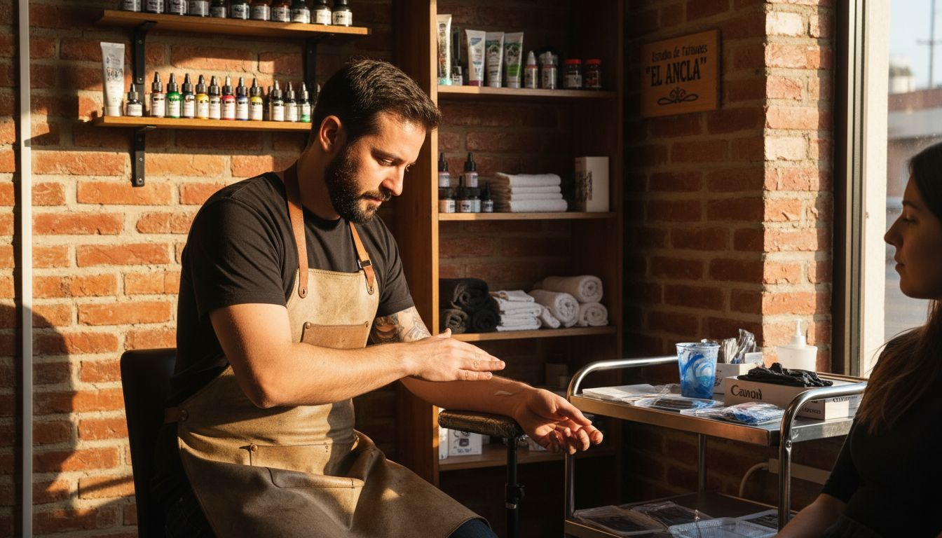 El tatuador aplicando crema anestésica para preparar la piel antes de empezar el tatuaje.