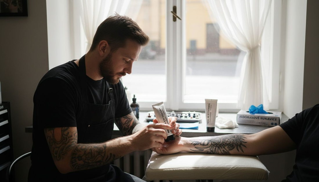 Tatér nanáší speciální krém na čerstvě vytetovanou ruku.