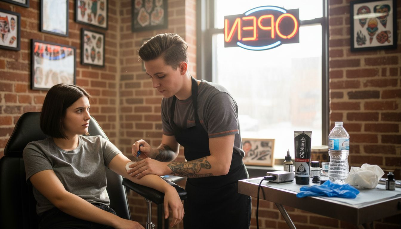 Tattoo artist prepares client with numbing cream
