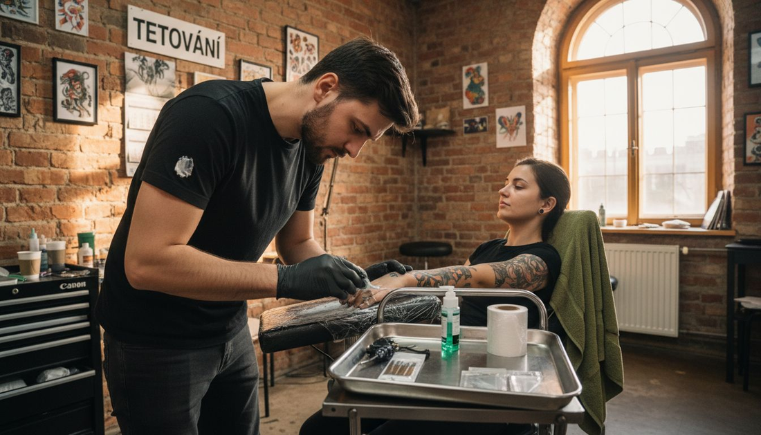 Tatér nanáší znecitlivující krém na předloktí, aby zmírnil bolest při tetování.