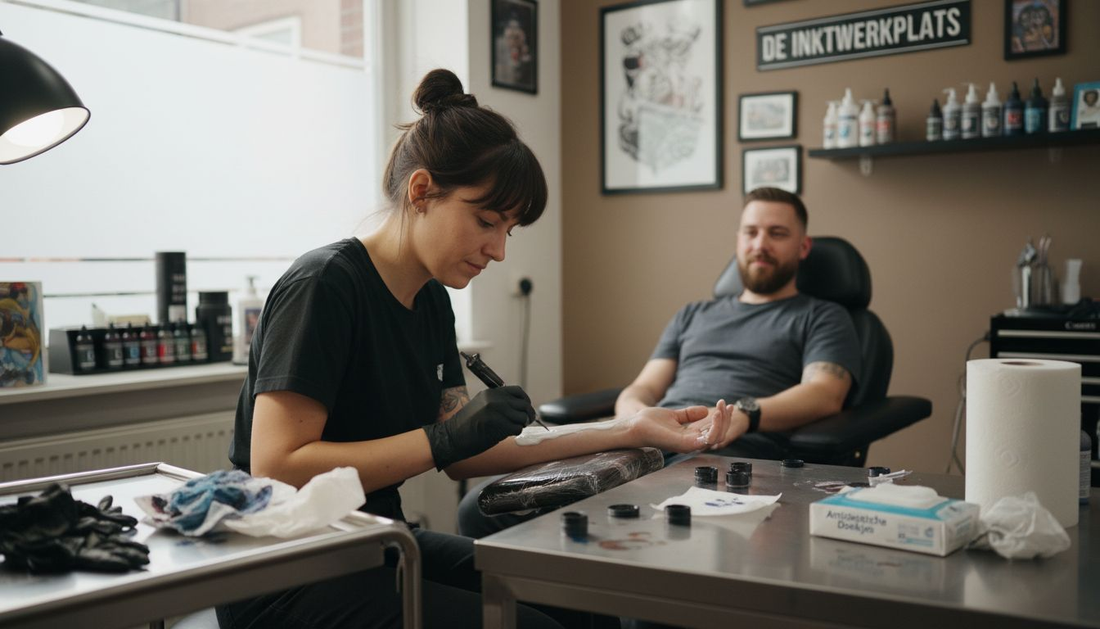 In de tattooshop brengt de tatoeëerder een verdovende crème aan voordat hij begint te tatoeëren.