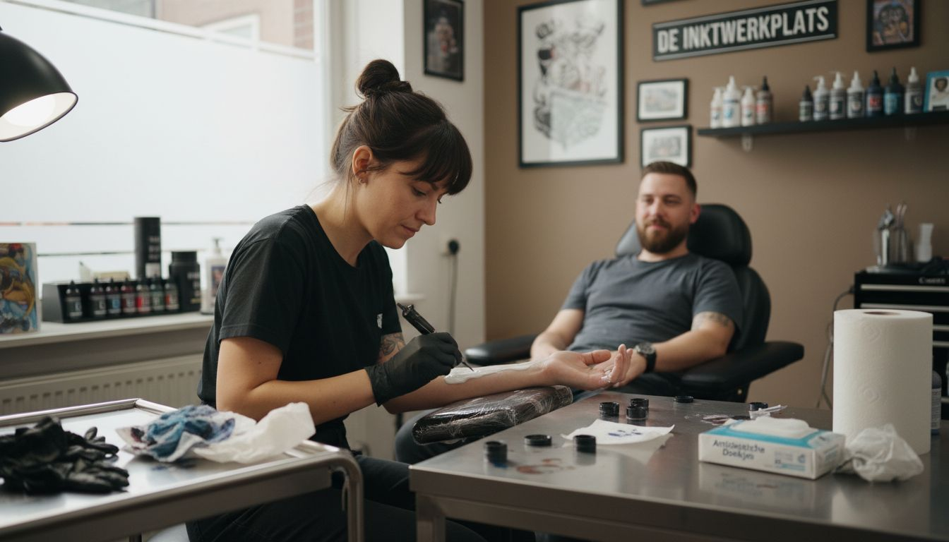 In de tattooshop brengt de tatoeëerder een verdovende crème aan voordat hij begint te tatoeëren.