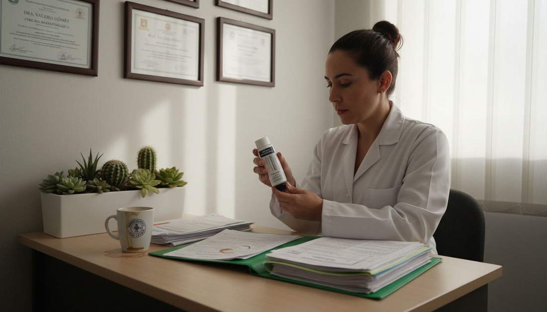 Doctora examinando una crema anestésica durante la consulta