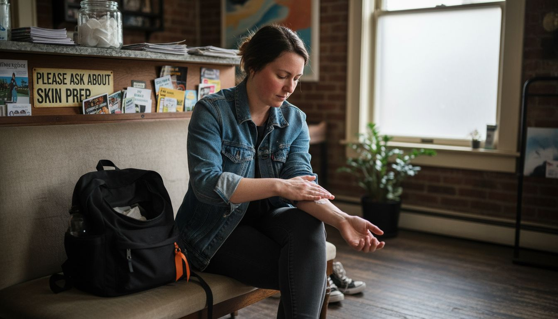 Woman prepping sensitive skin before tattoo at studio