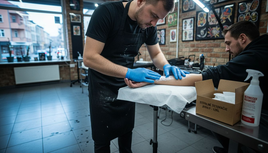 Tatér nanáší anestetikum na předloktí, aby zmírnil bolest při tetování.