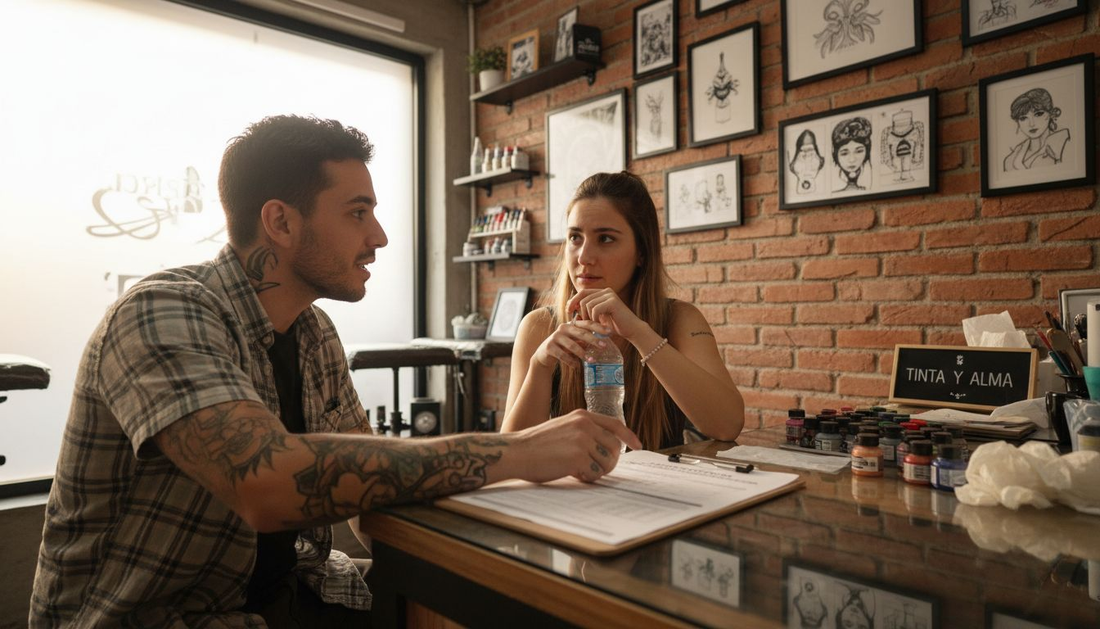 Tatuador conversando con un cliente que está algo nervioso antes de hacerse el tatuaje.