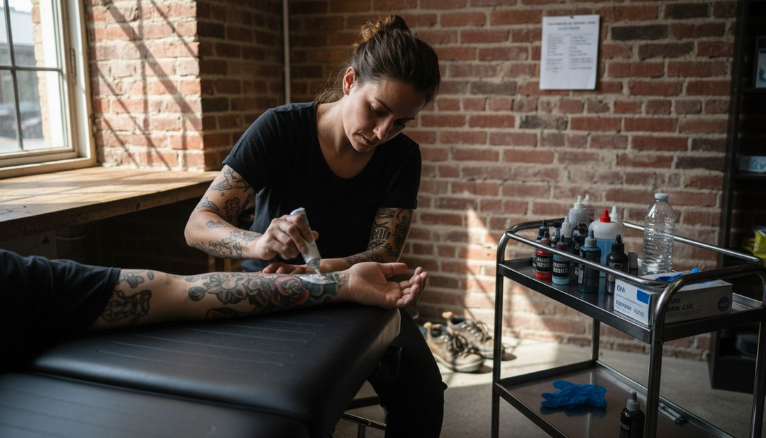 Un tatoueur applique une crème anesthésiante sur la peau d’un client avant de commencer la séance.