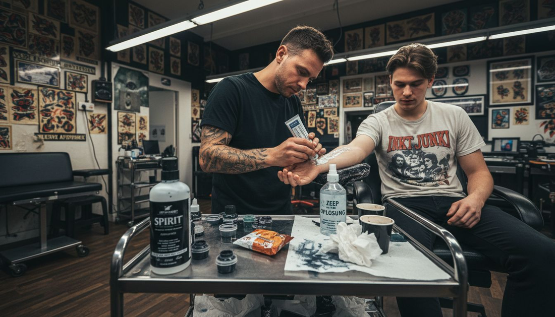 De tatoeëerder smeert een verdovende crème met lidocaïne op de onderarm.