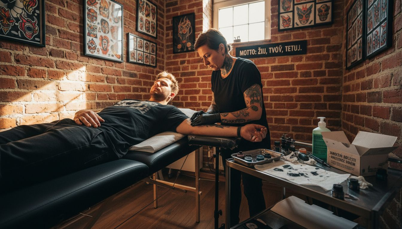 Tatér nanáší znecitlivující krém na pokožku, aby klient cítil co nejméně bolesti při tetování.