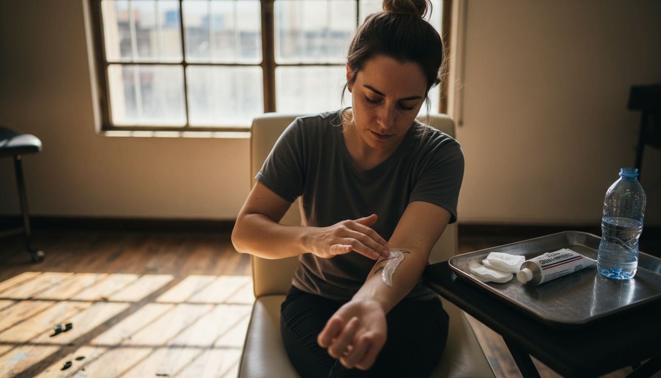Una mujer se aplica crema anestésica en la piel antes de hacerse un tatuaje.