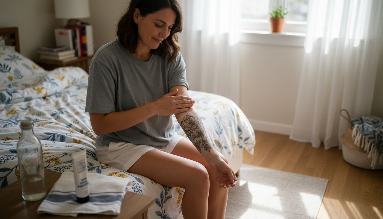 Une femme prend soin de son nouveau tatouage en appliquant une crème hydratante chez elle.