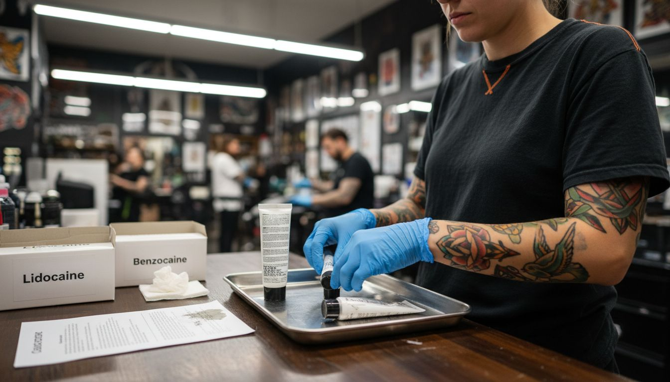 Tattoo artist organizing numbing cream supplies