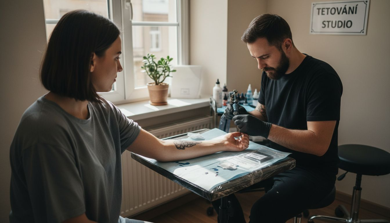 Zákazník v tetovacím studiu těsně před svou první kérkou
