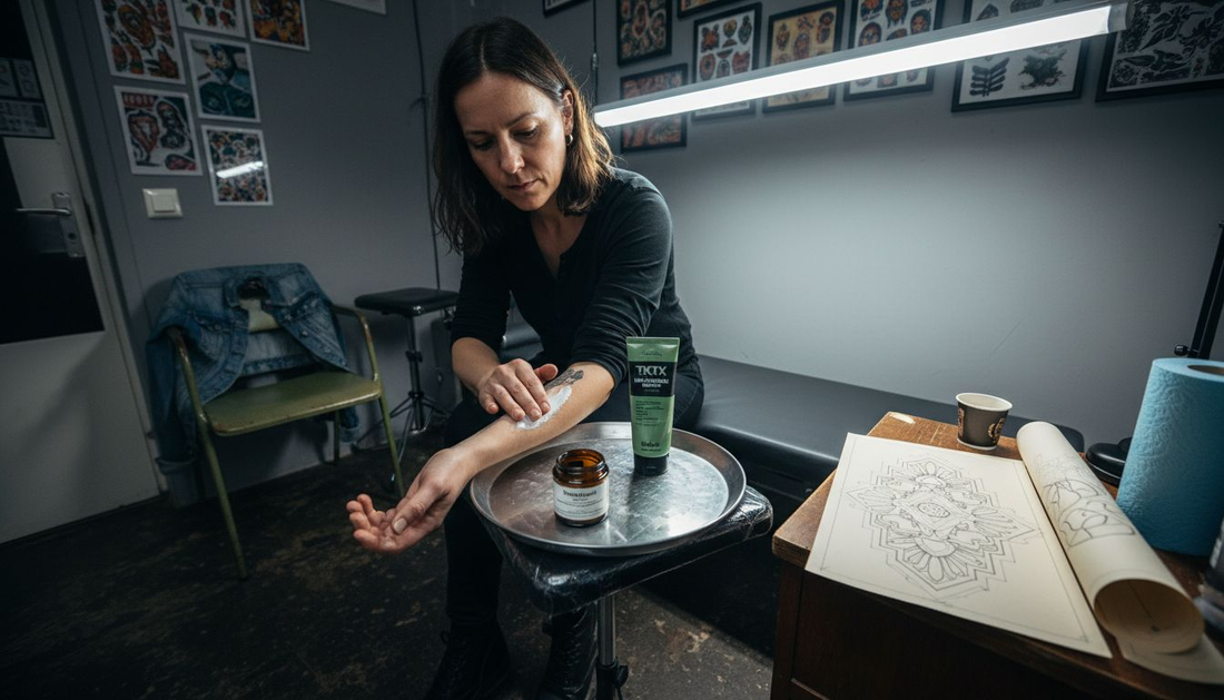 Die Kundin trägt die Betäubungscreme direkt im Studio auf.