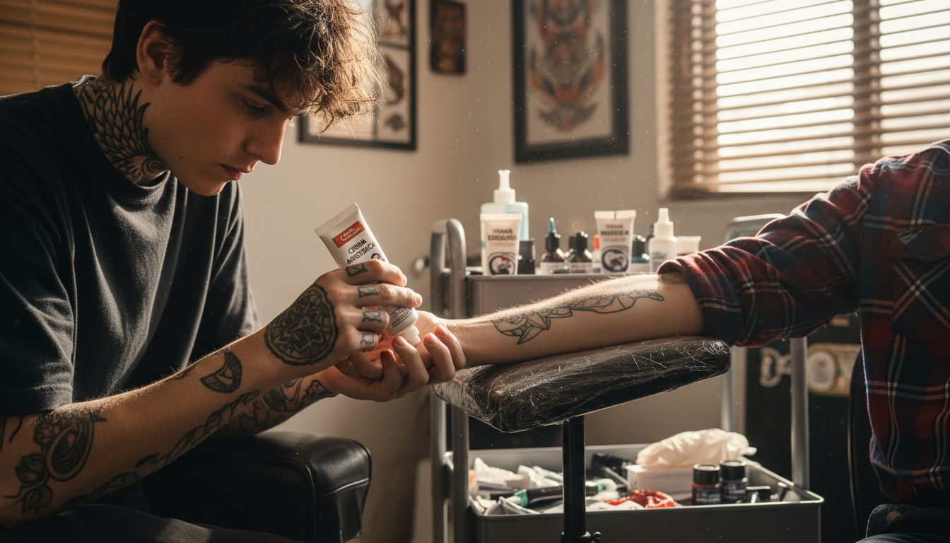 El tatuador está aplicando crema anestésica en el antebrazo antes de comenzar el diseño.