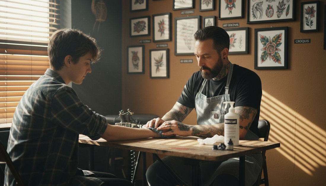 Un tatoueur s’apprête à commencer une séance avec un client détendu, installé confortablement dans son studio.