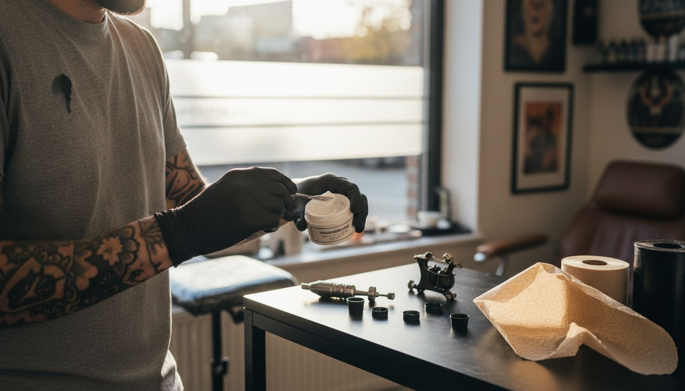 De tatoeëerder zet alles klaar om verdovende crème aan te brengen voor de sessie.