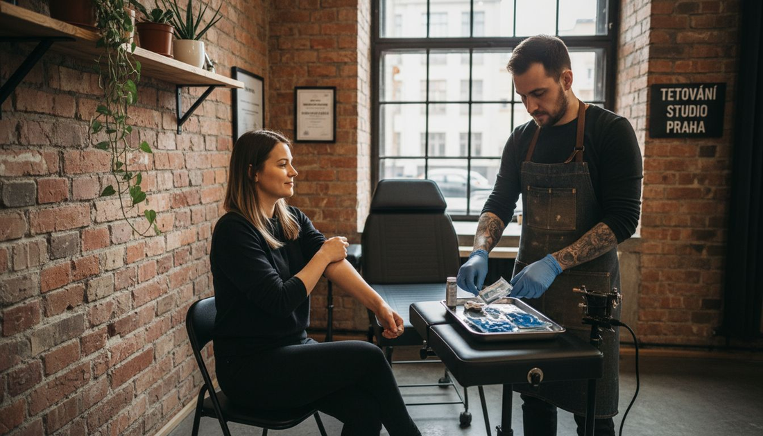 Tatérka právě chystá klientku na tetování