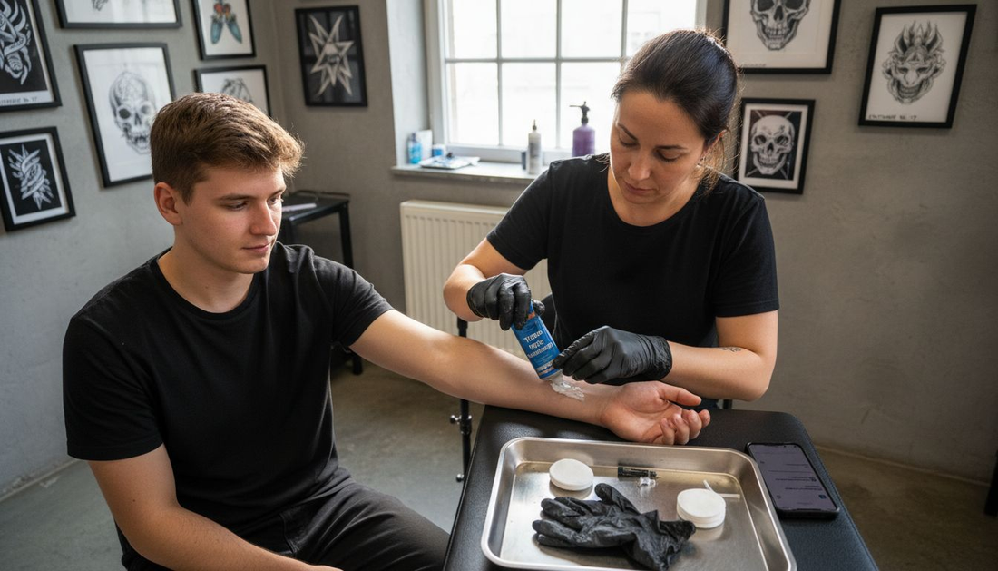 Ein Tätowierer trägt eine betäubende Creme auf den Arm auf, um den Schmerz beim Stechen zu lindern.