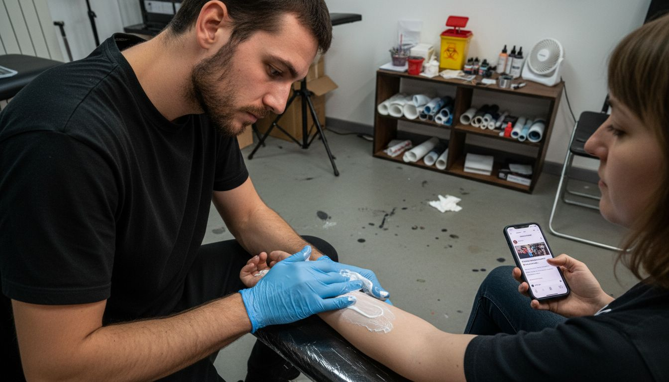 Un tatoueur en train d’appliquer une crème anesthésiante sur le bras d’un client avant de commencer le tatouage.