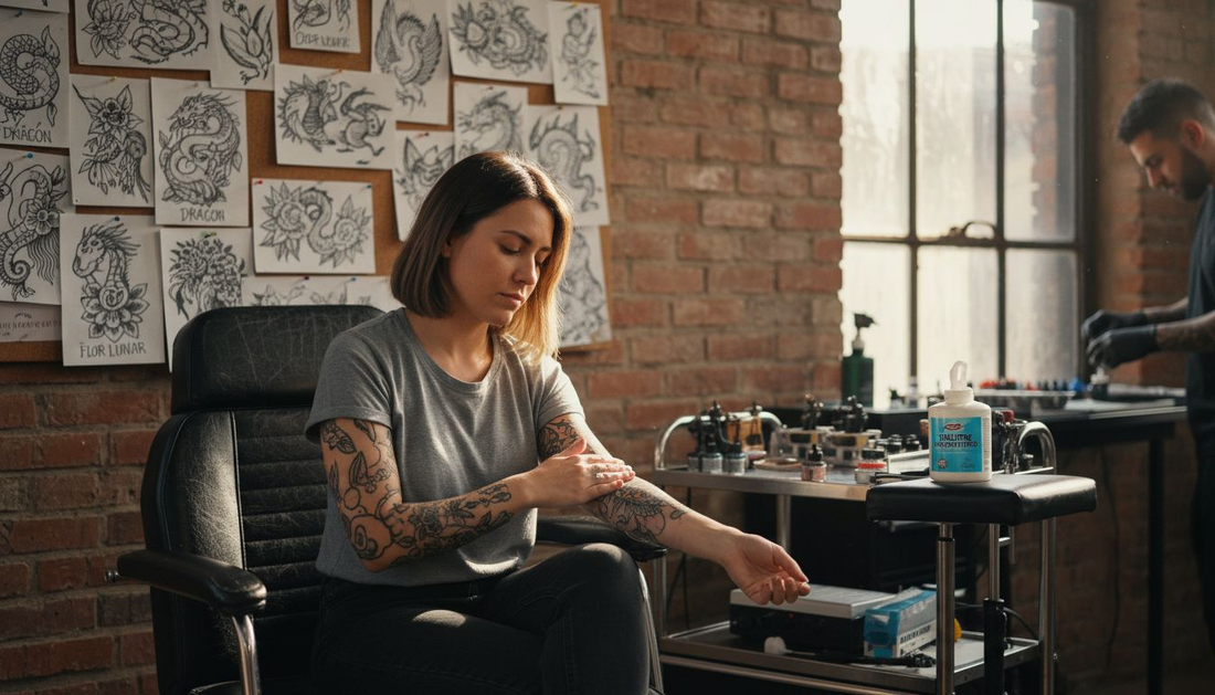 Una mujer se aplica crema anestésica antes de hacerse un tatuaje en el estudio.