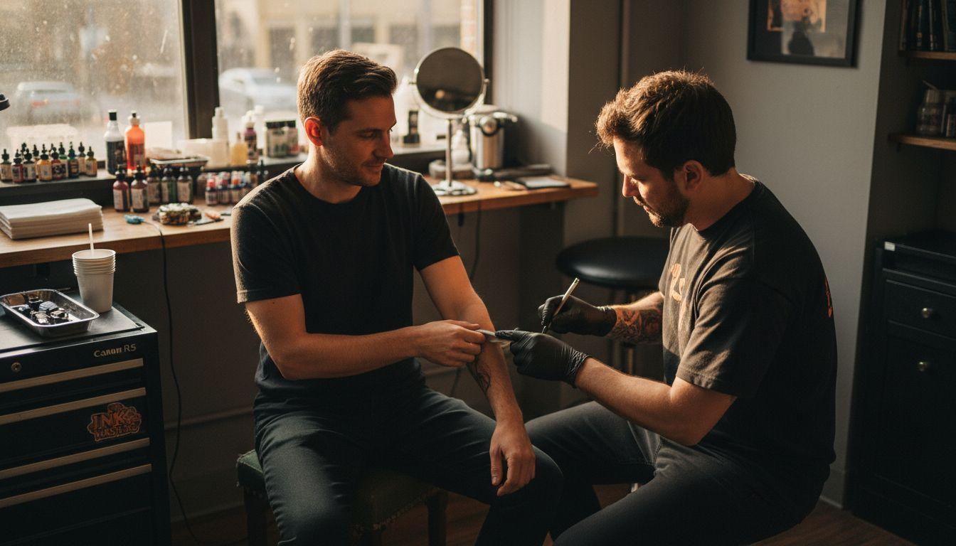 Tattoo client and artist preparing for session