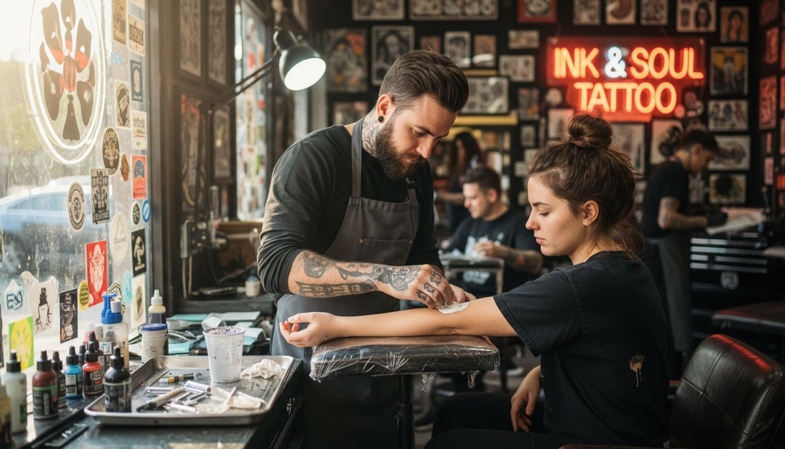 Tattoo artist applying numbing cream for pain relief
