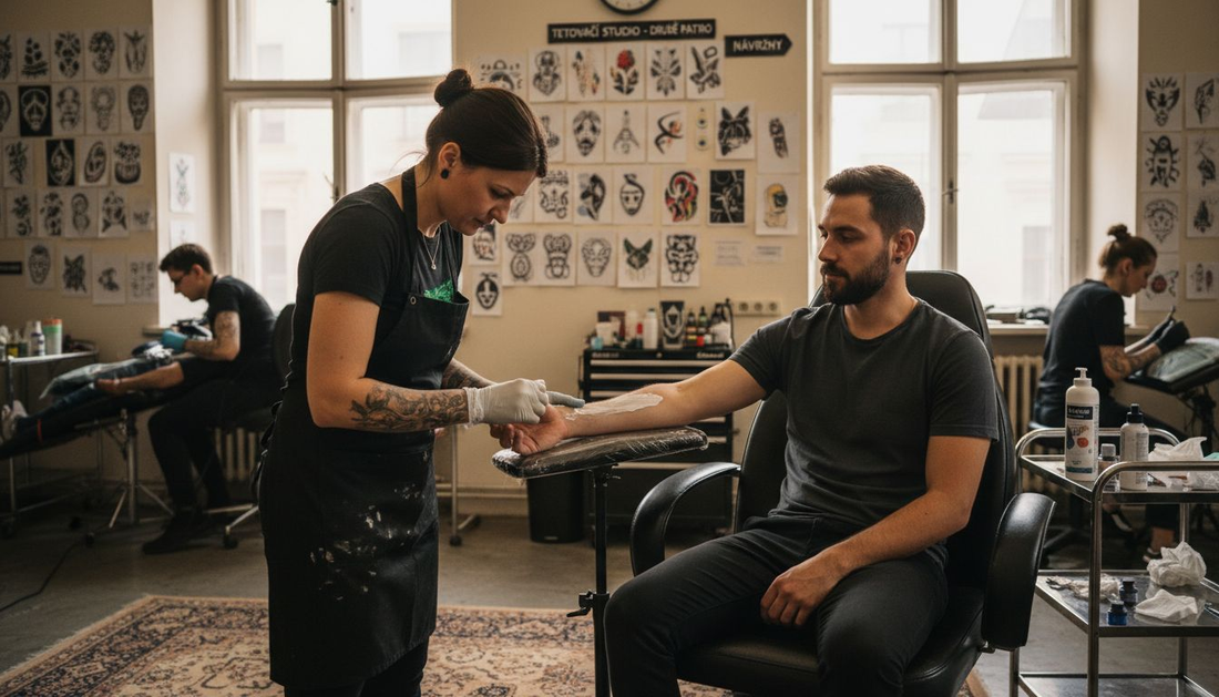 Tatér klientovi před tetováním nanáší znecitlivující krém, aby zmírnil bolest.
