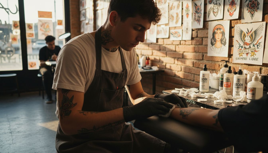 El tatuador desinfecta la zona de la piel antes de comenzar la sesión de tatuaje.