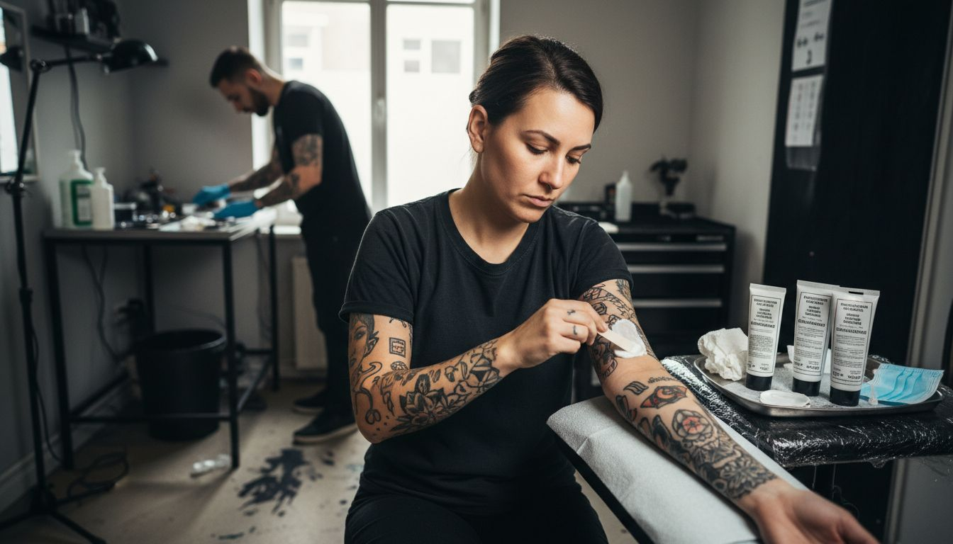 Eine Frau trägt im Tattoostudio eine betäubende Creme auf, um die Haut auf das Stechen vorzubereiten.