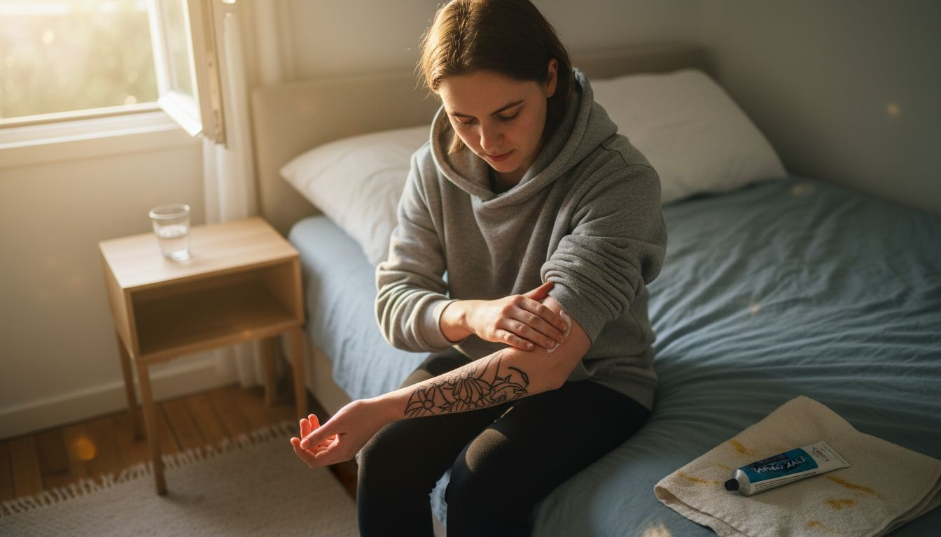 Iemand brengt verzorging aan op een verse tatoeage in zijn slaapkamer.