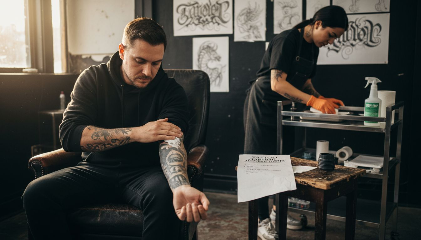 Tattoo client applying numbing cream in studio