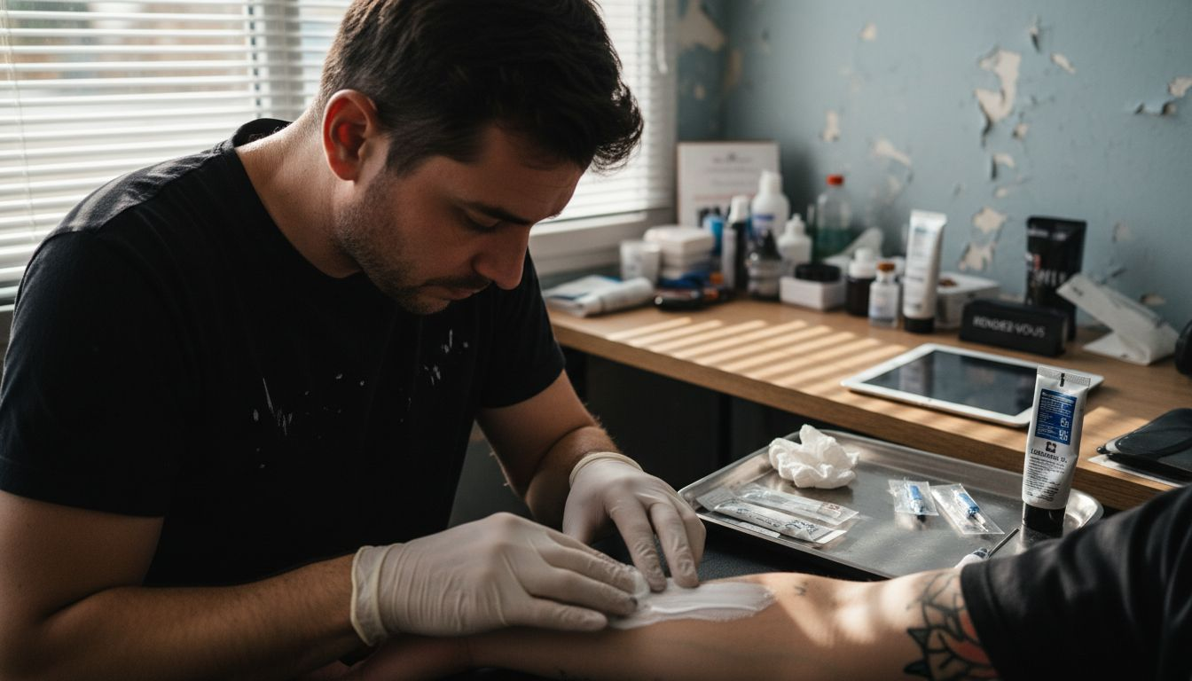 Le tatoueur applique une crème anesthésiante sur la zone à tatouer.