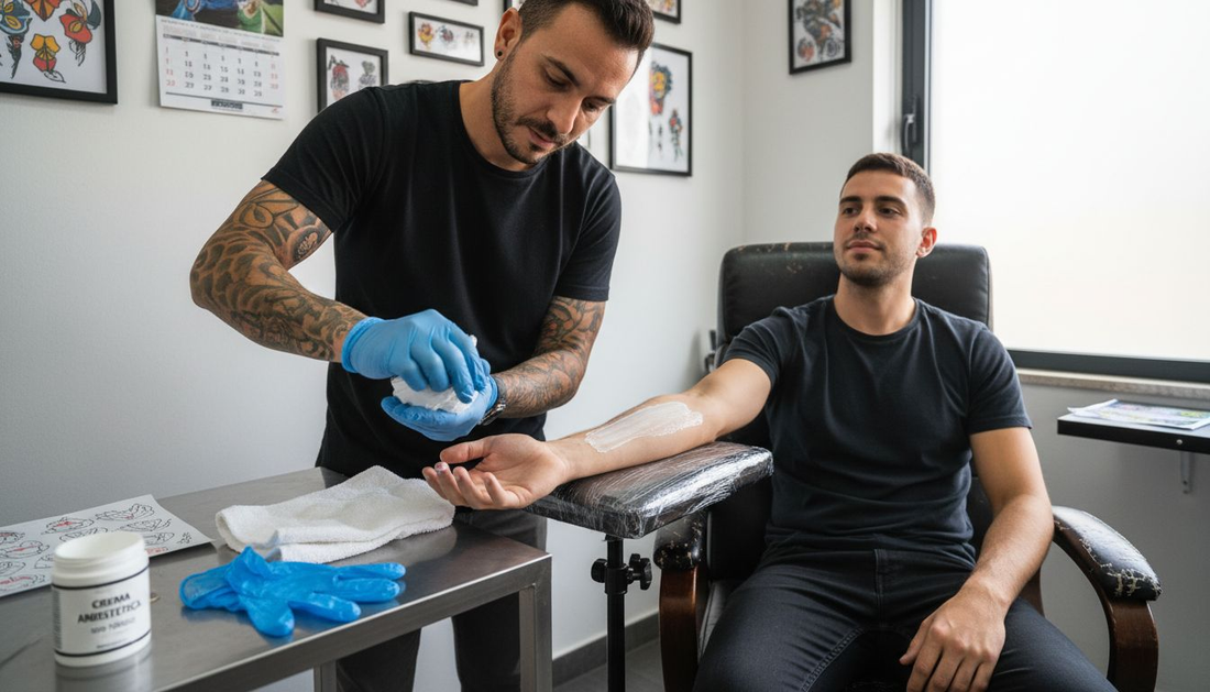 Tatuador aplicando pomada sobre un tatuaje recién hecho en su estudio