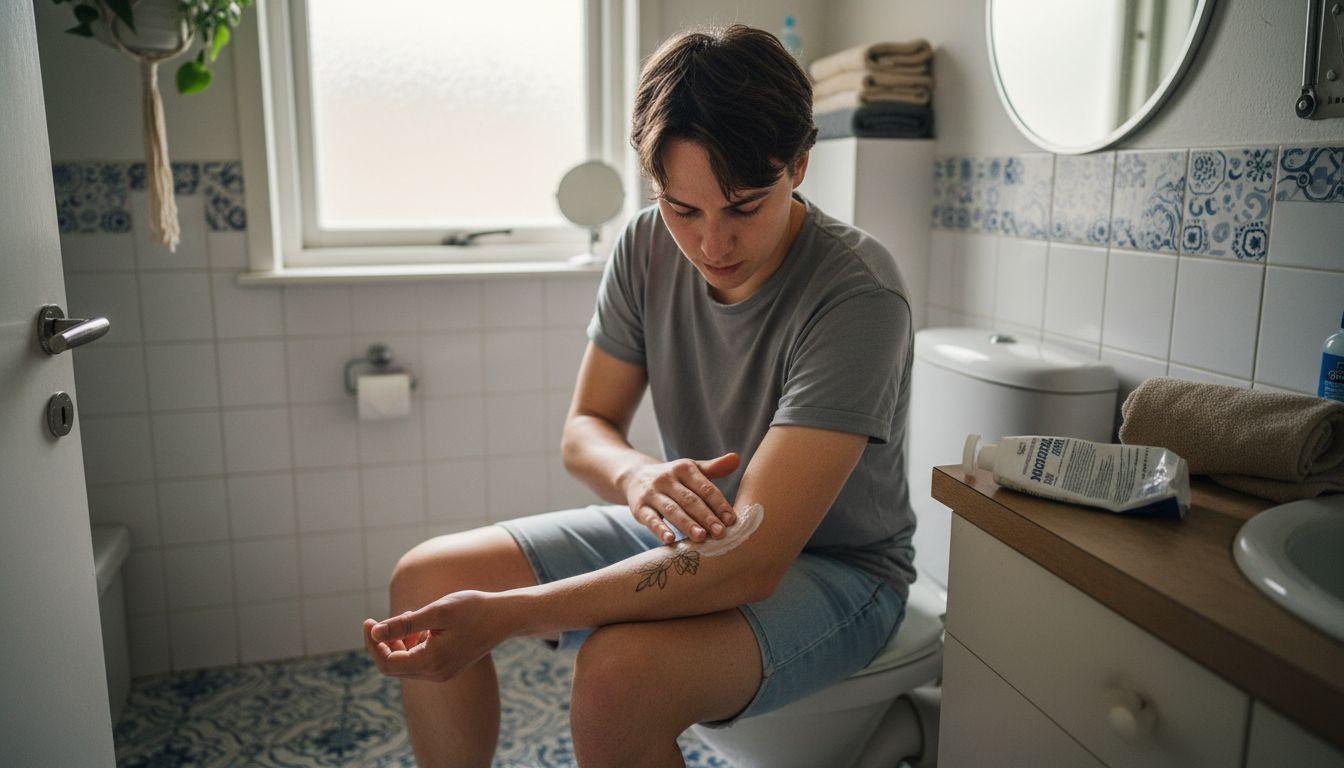 Voordat de tattoeëerder langskomt, smeert de persoon thuis alvast crème op de huid.