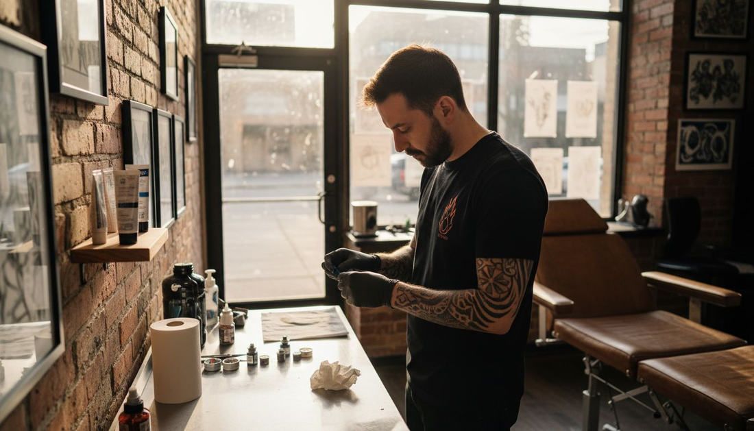 Tattoo artist prepares numbing cream in studio