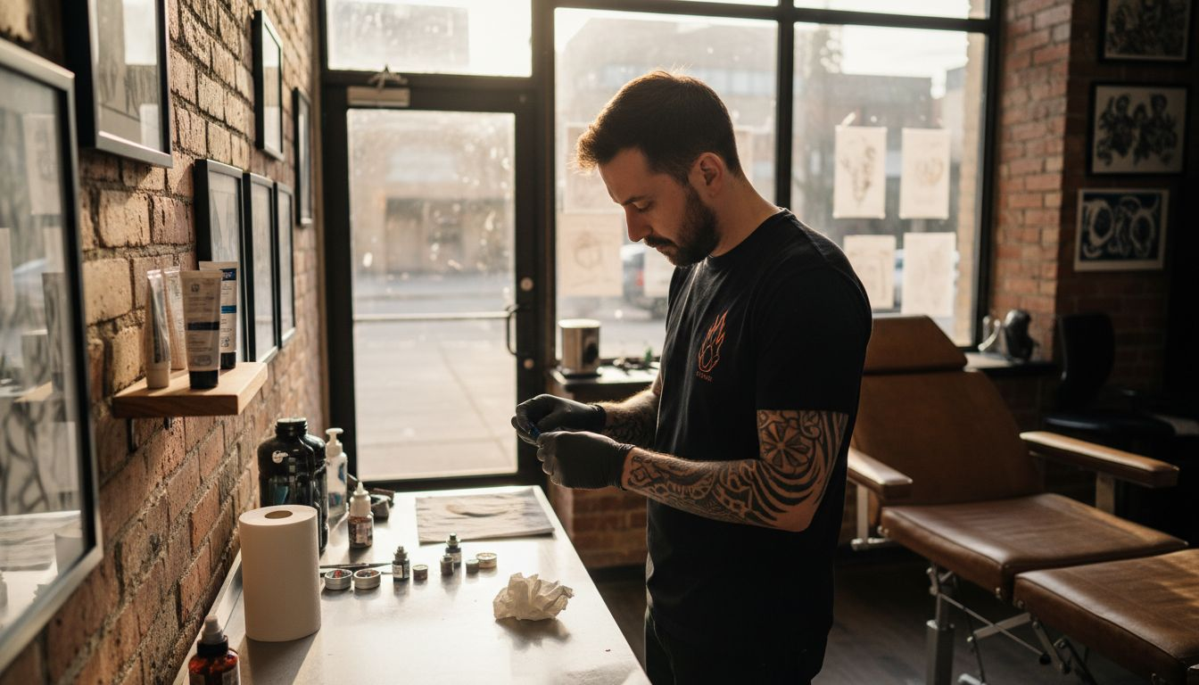 Tattoo artist prepares numbing cream in studio