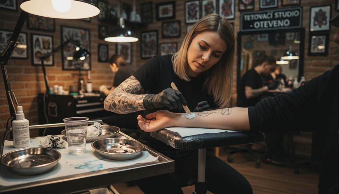 Tatér nanáší znecitlivující krém na pokožku, aby zmírnil bolest během tetování.
