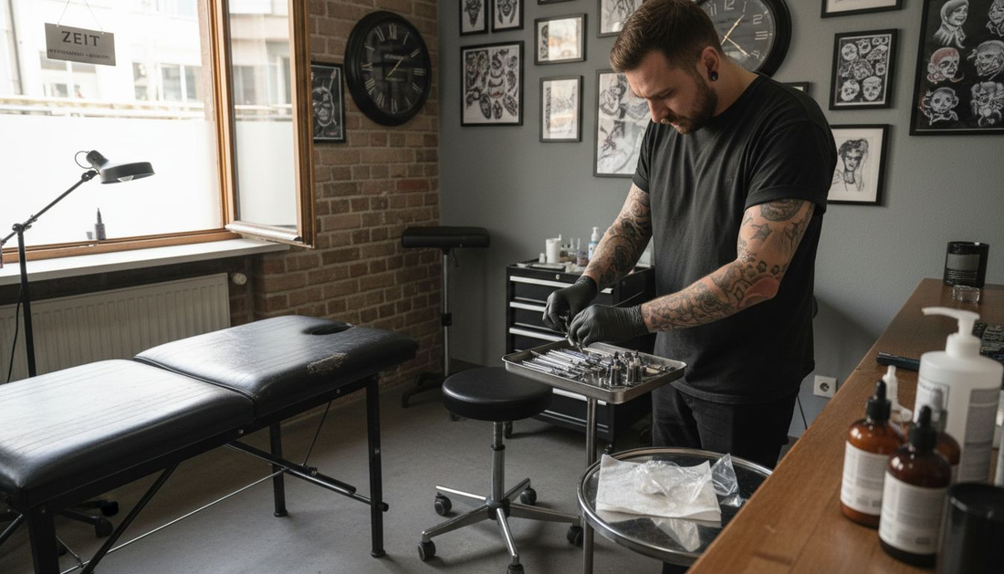 Im Tattoostudio bereitet der Tätowierer sorgfältig seine sterilen Arbeitsutensilien für die nächste Sitzung vor.