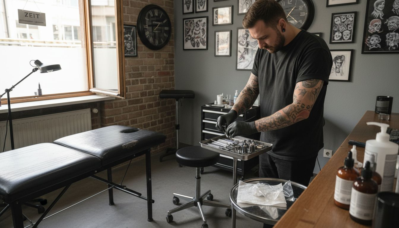 Im Tattoostudio bereitet der Tätowierer sorgfältig seine sterilen Arbeitsutensilien für die nächste Sitzung vor.