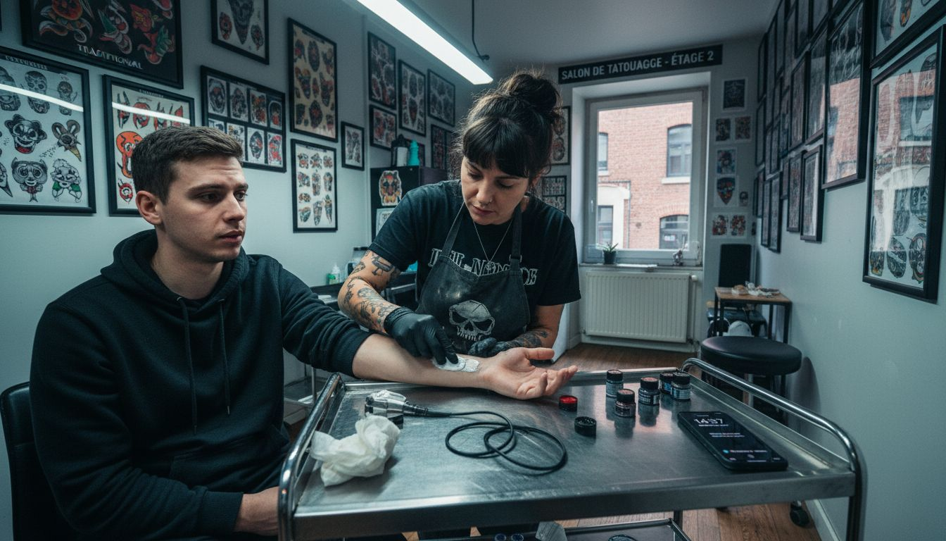 Le tatoueur applique une crème anesthésiante sur la peau de son client avant de commencer la séance.