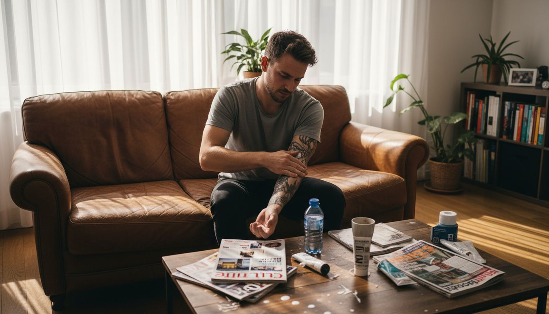 Man verzorgt zijn tatoeage thuis met speciale nazorgcrème